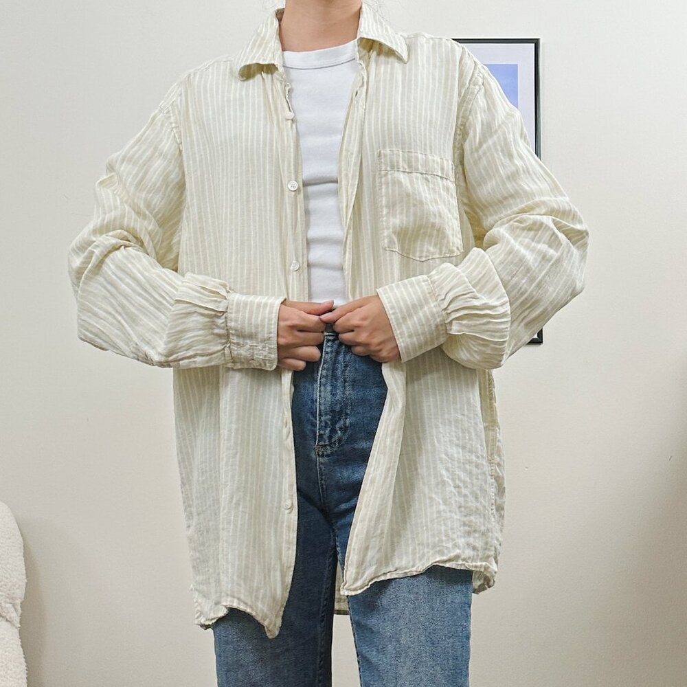 Men's Linen Cream Stripe Button Down Shirt